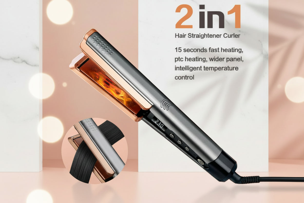 2-in-1 Professional Ceramic Hair Straightener & Curling Iron – LCD Display, Wide Plates, Adjustable Temperature